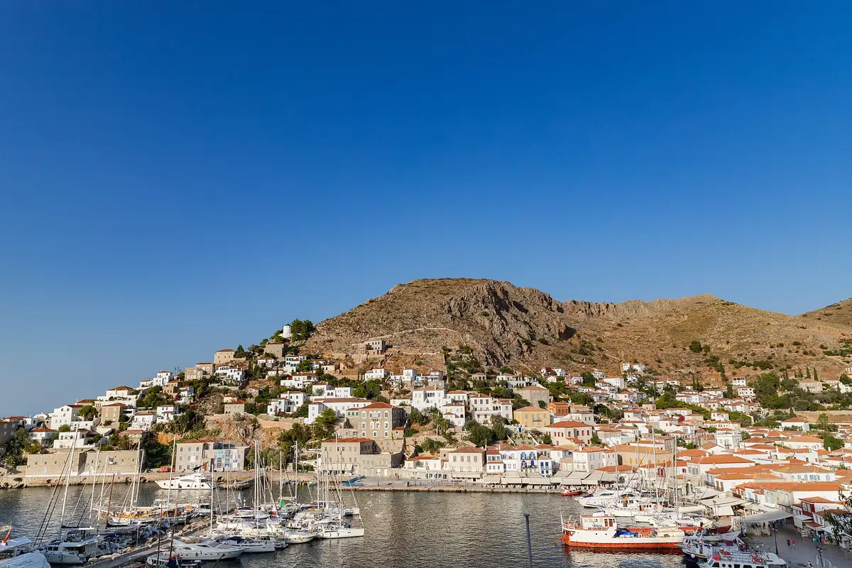 The harbour at Hydra. No cars on the island — none at all.