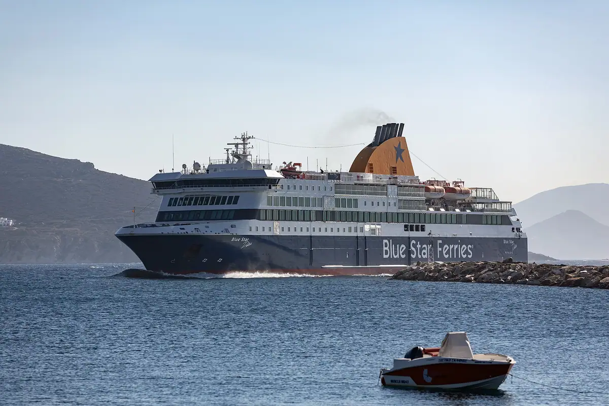 A Blue Star ferry at Naxos. Between islands, the thing your signal has to cross is open water.